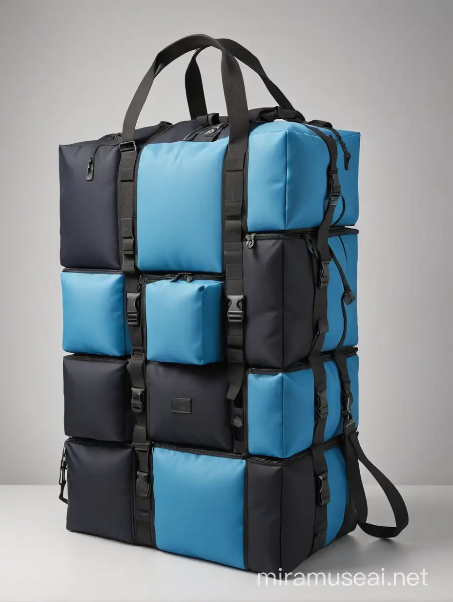 ein modulares Taschensystem aus unterschiedlichen Cubes, textil, blau und schwarz, bänder