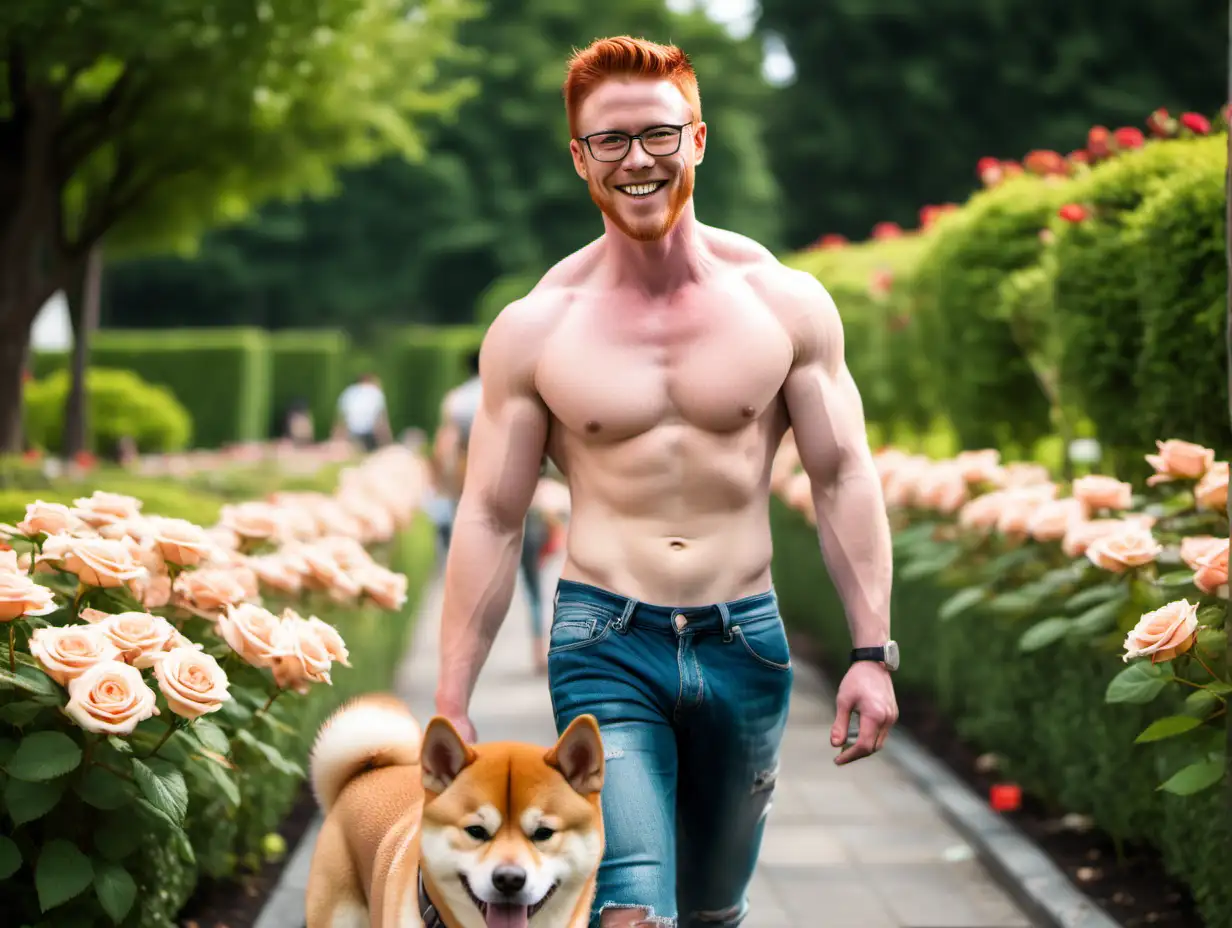 An Irish redhead hunk is walking his adorable shiba iyu, handsome, 30 years old, stubbles, glasses, short hair, shirtless, tanned, muscular, very sweaty, torn jeans, smiling, full body shot, rose garden