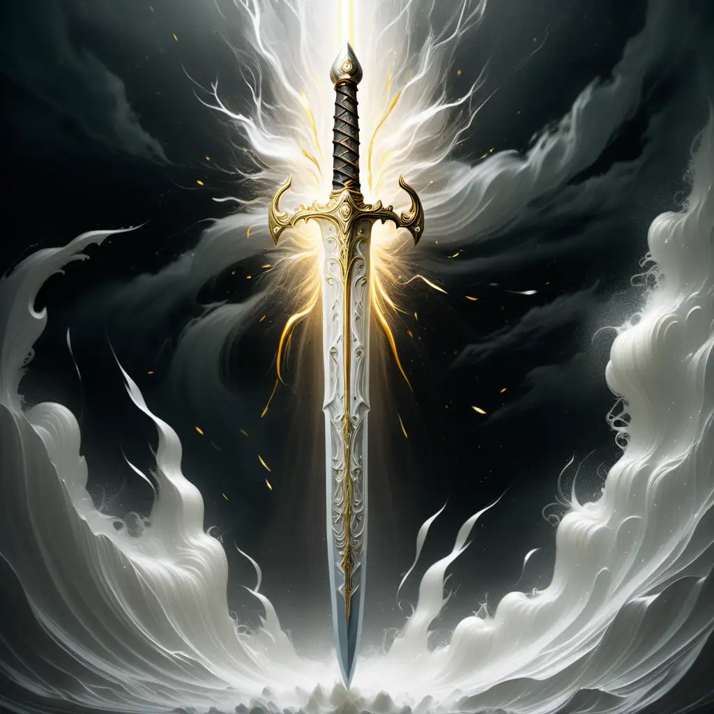 A glowing alabaster sword with golden streaks and silver accents streaking through a wind storm