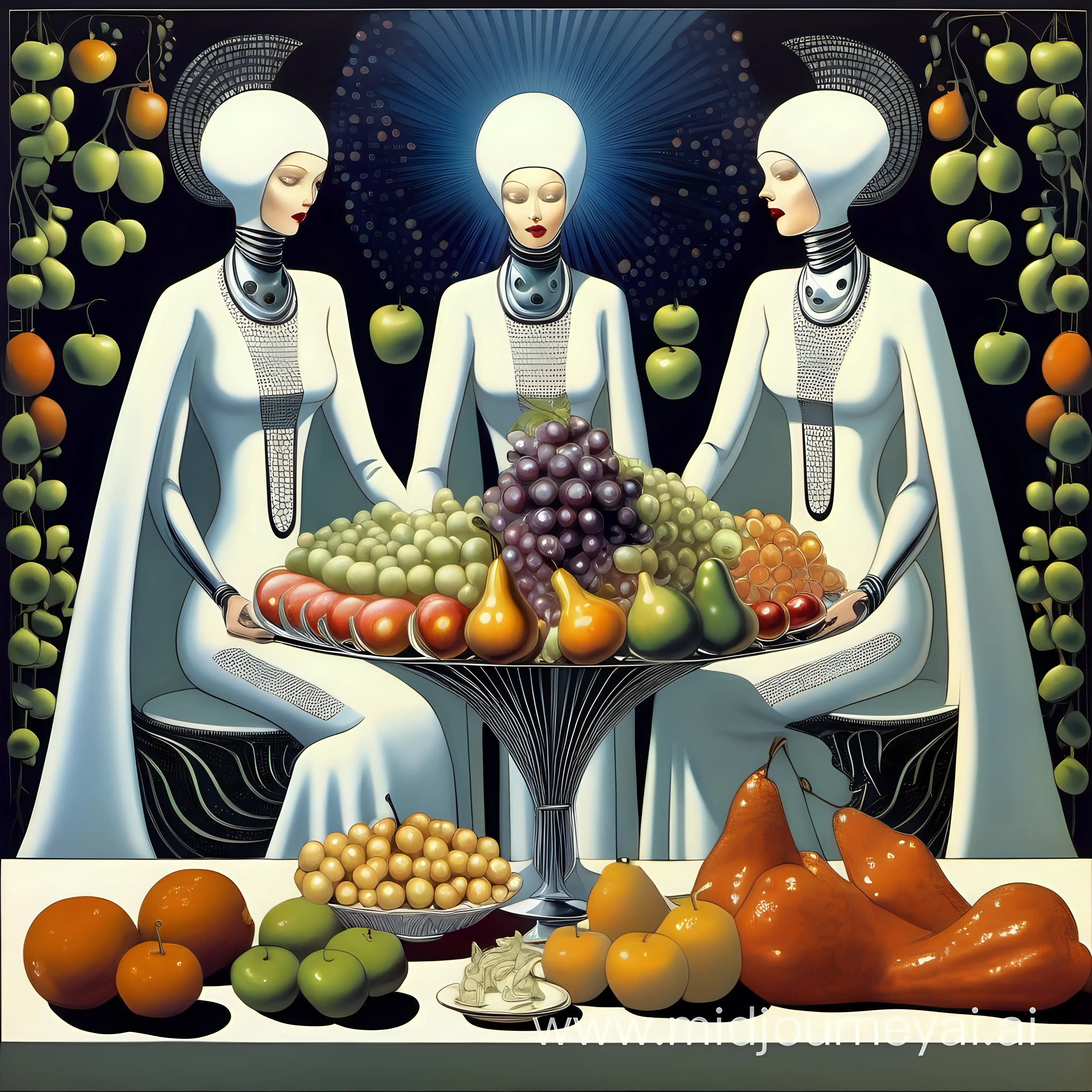 Futuristic Kay Nielsen Art Three Generations Dining with Abundance of Fruit