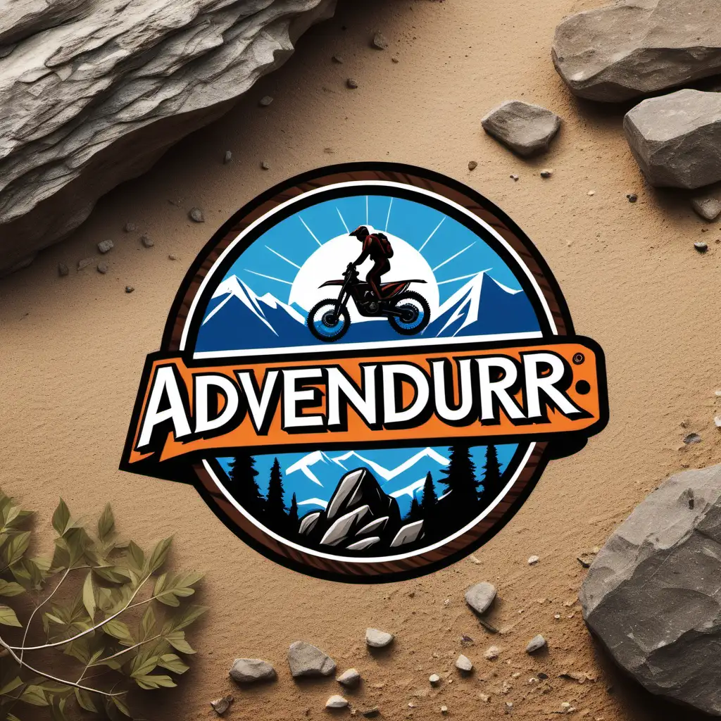 I would like a round logo with the main focus on "Advenduro". Please depict rider on a rally motorbike climbing a mountain dirt trail with some rocks. The rider should be in an action pose, navigating the challenging terain. The background should feature a mountain trail with trees at some parts. I prefer clear blue sky with maybe the sun or a bird far back. Please use a bold font   for "Advenduro" . At the bottom include "Hellas trail experience" using small lettering. The overall color palette should include black, blue, red, orange, green,brown and yellow. I envision a realistic style that conveys an adventurous and rugged mood. Thank you!