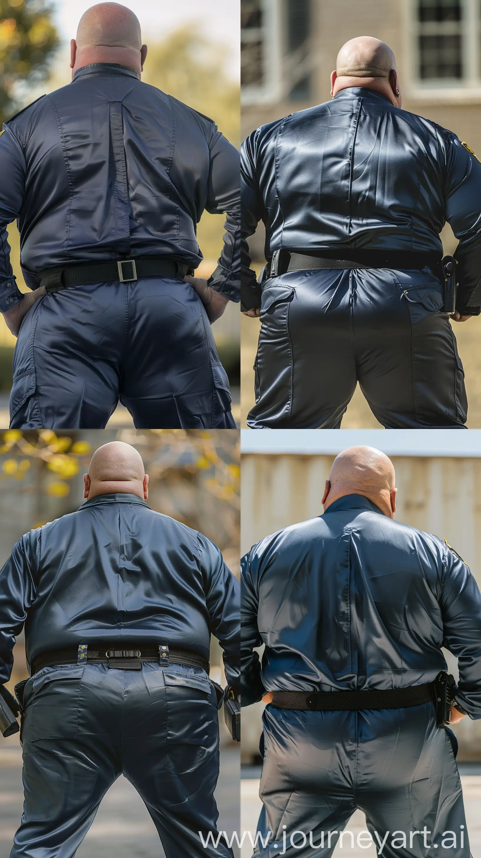 Close-up knee-level back view photo of a fat man aged 60 wearing a silk dark blue security guard skinny-fitted full coverall. Black tactical belt. Standing with straight legs. Bust bending forward. Outside. Bald. Clean Shaven. Natural light. --style raw --ar 9:16
