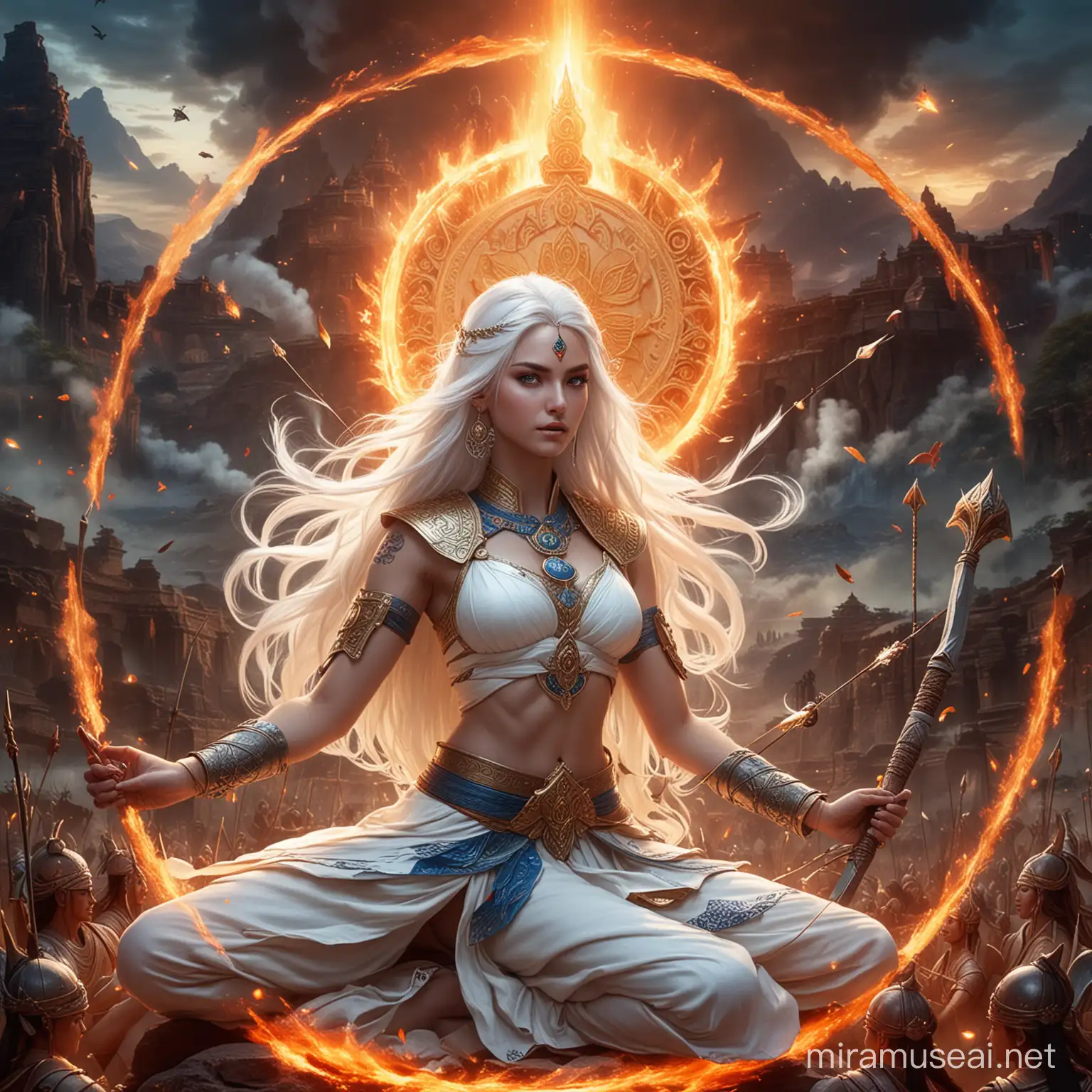 Hindu Empress Goddess in Combat Amidst Fire and Mystical Symbols
