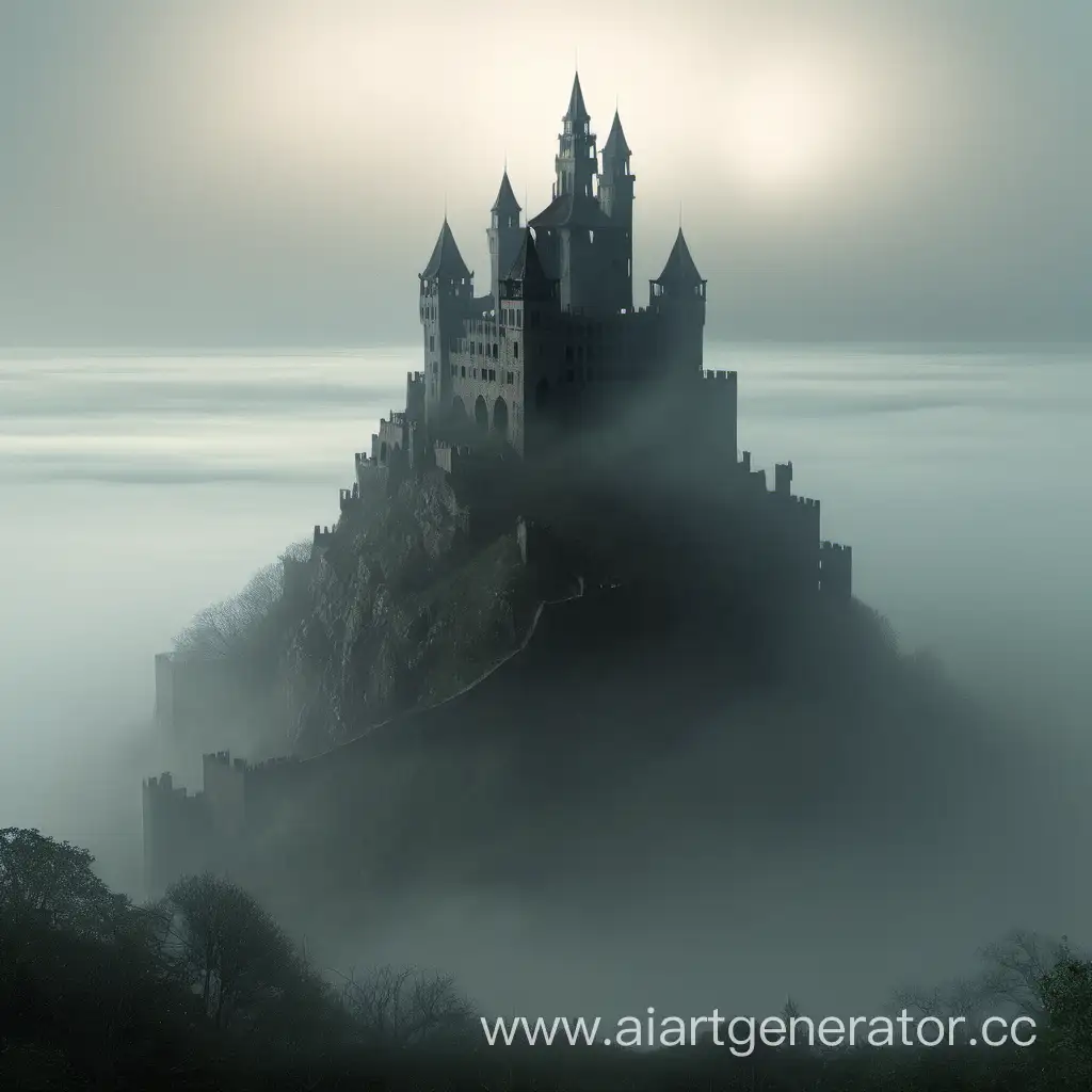 Город с заброшенным замком, который окутан в туман на холме.