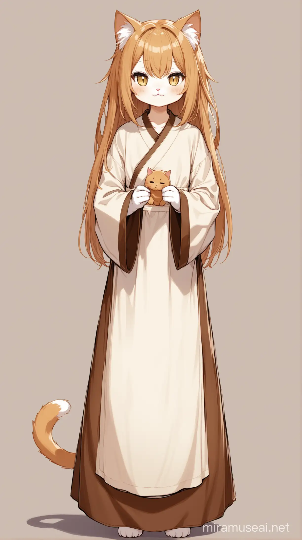 un chat comme humanoïde au cheveux Amande, porte de longs vêtements