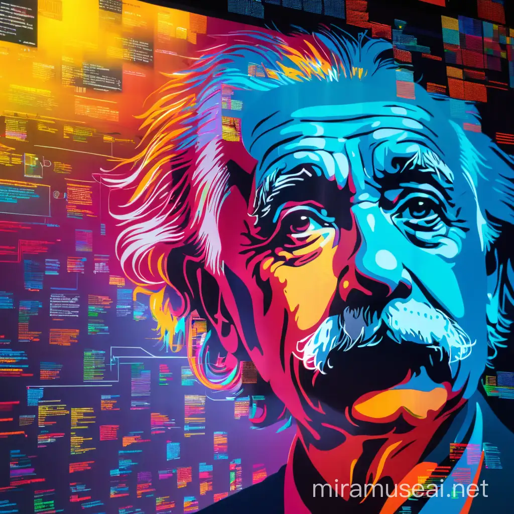 Silhouette of Albert Einstein as AI programmer
in the air codes is being projected,
illustrated style, Colorful