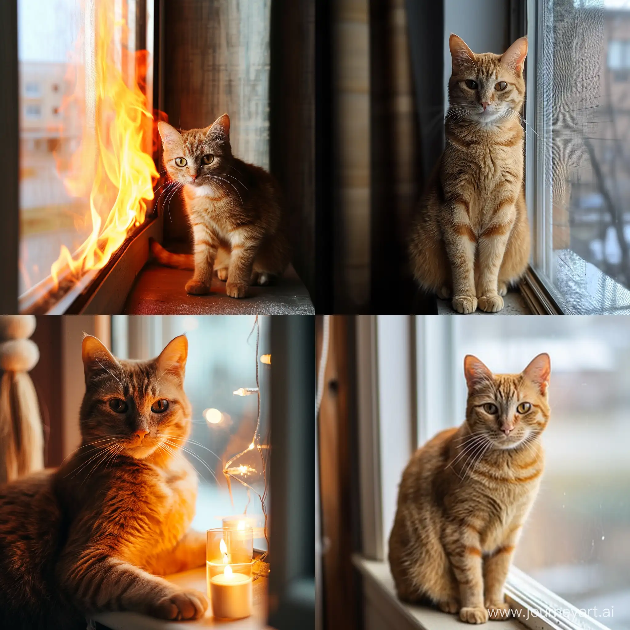 https://i.postimg.cc/9MQh1vKj/IMG-20240121-110211-686.jpg A fire cat is sitting on a windowsill, looking at the camera