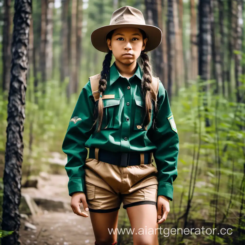 Park ranger girl indigenous in shorts and long sleeves with pigtails in taiga, full height 