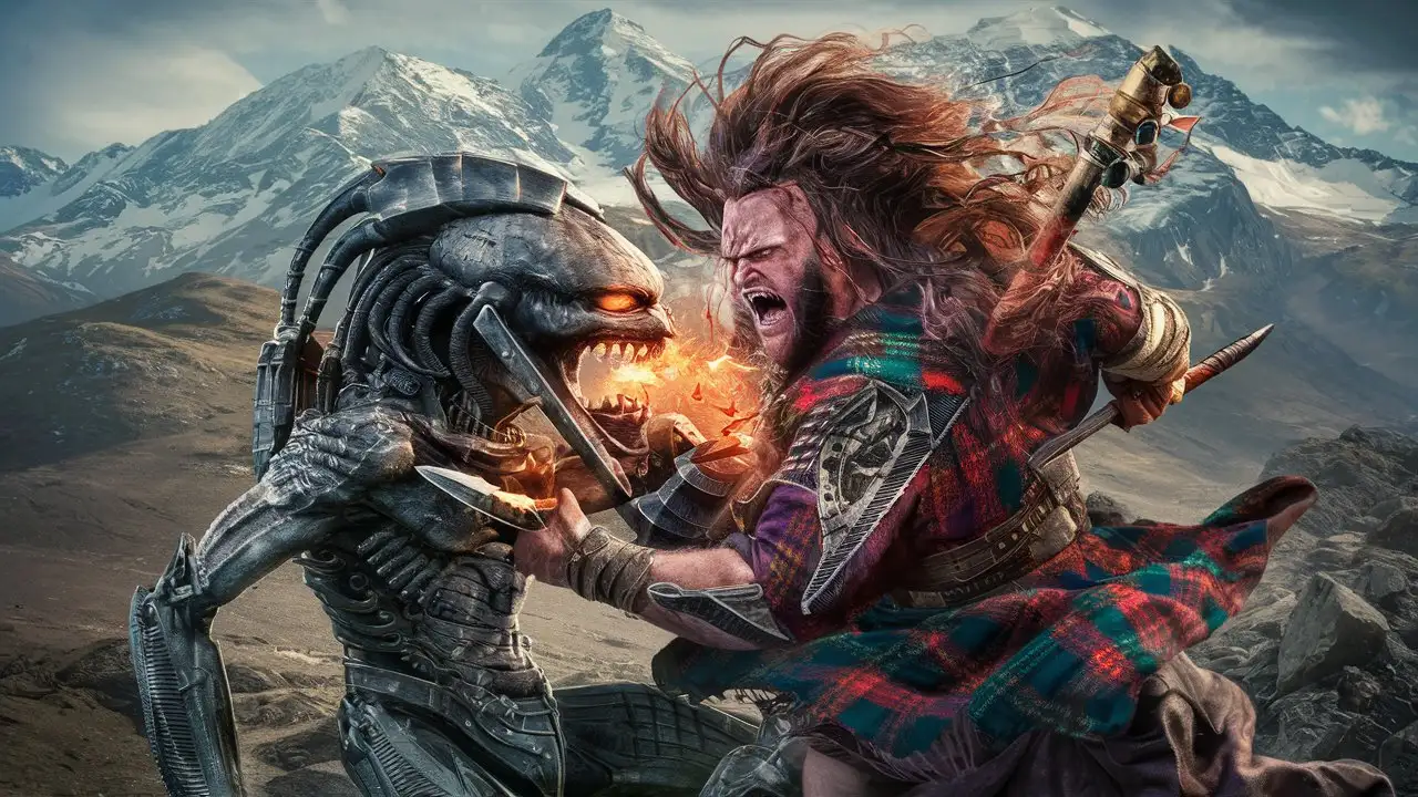 Celtic Warrior Engages in Epic Battle Against Predator with Majestic Mountain Landscape