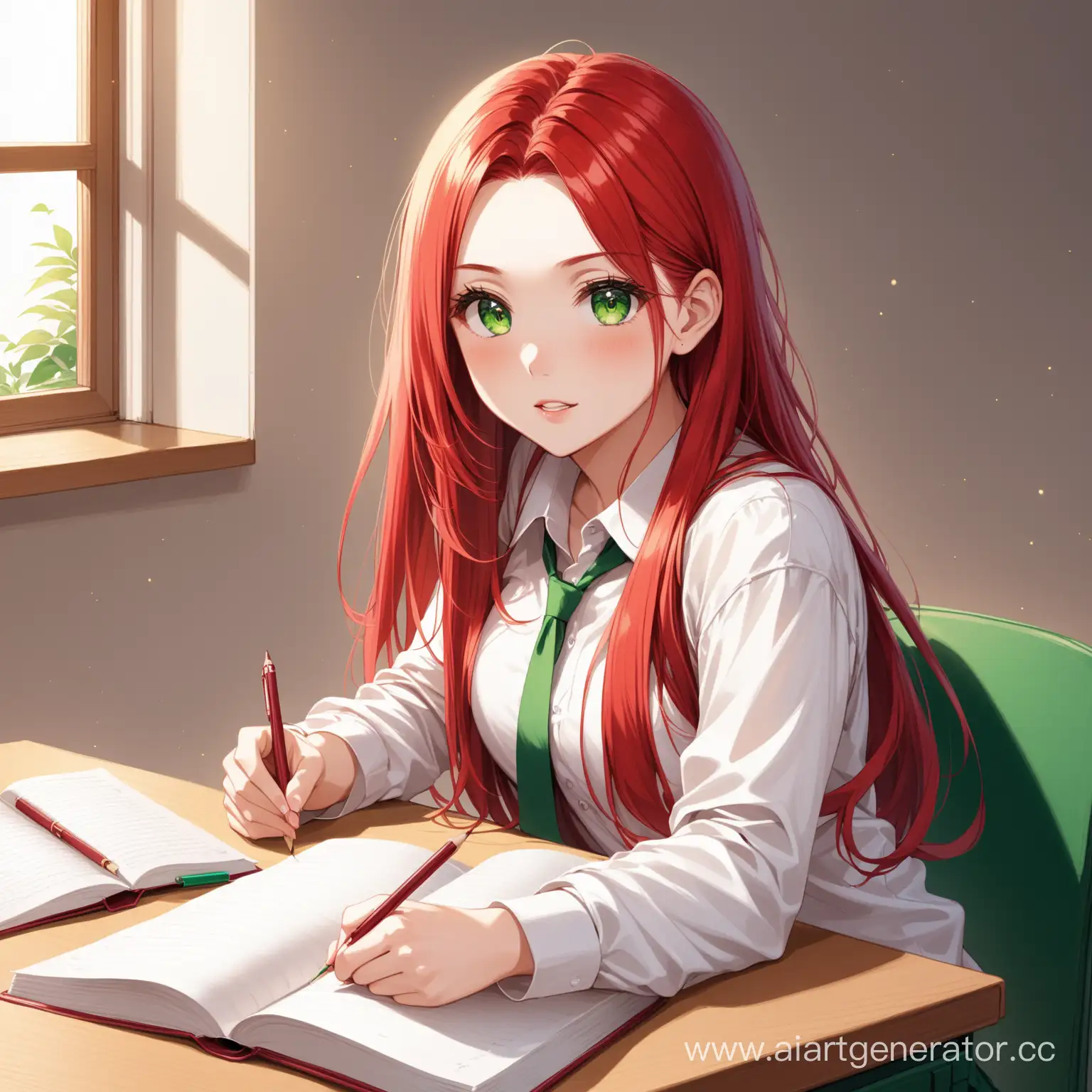 мотивация к учебе, девушка с длинными рыжими волосами и зелеными глазами 