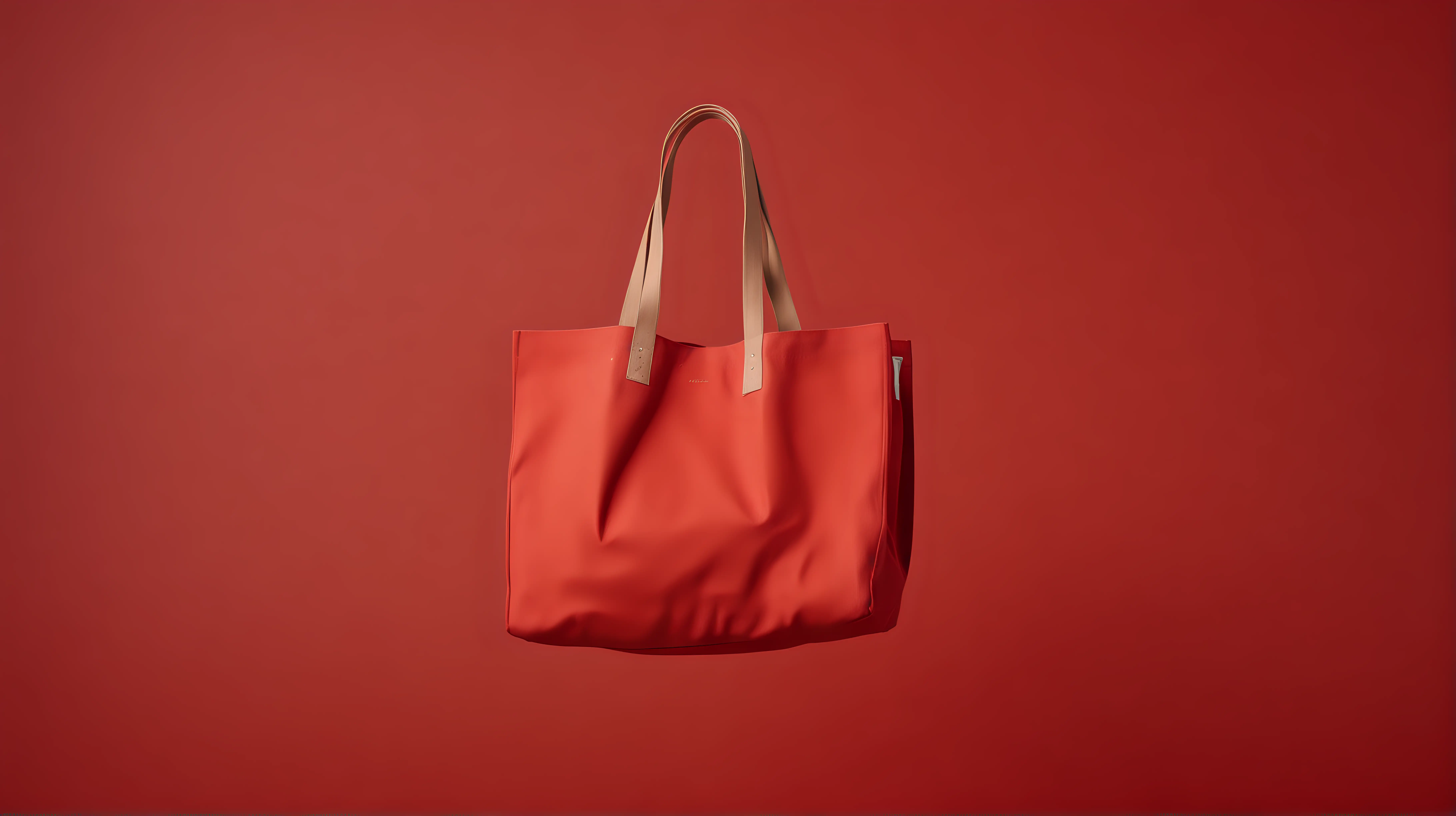 Red canvas tote floating in air in the style of surrealistic masterpieces, the düsseldorf school of photography, red background product design, avant-garde portraiture
