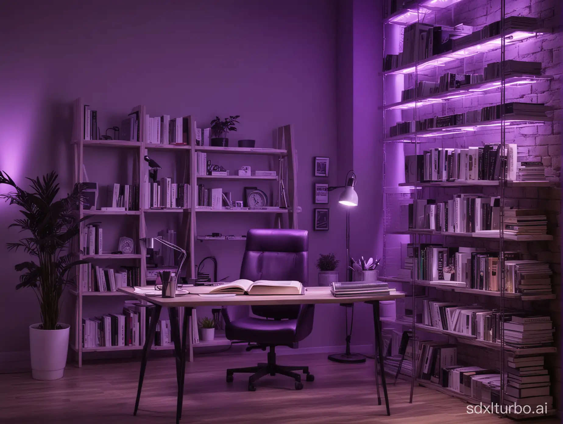 create an office background with books and cool purple ligthing