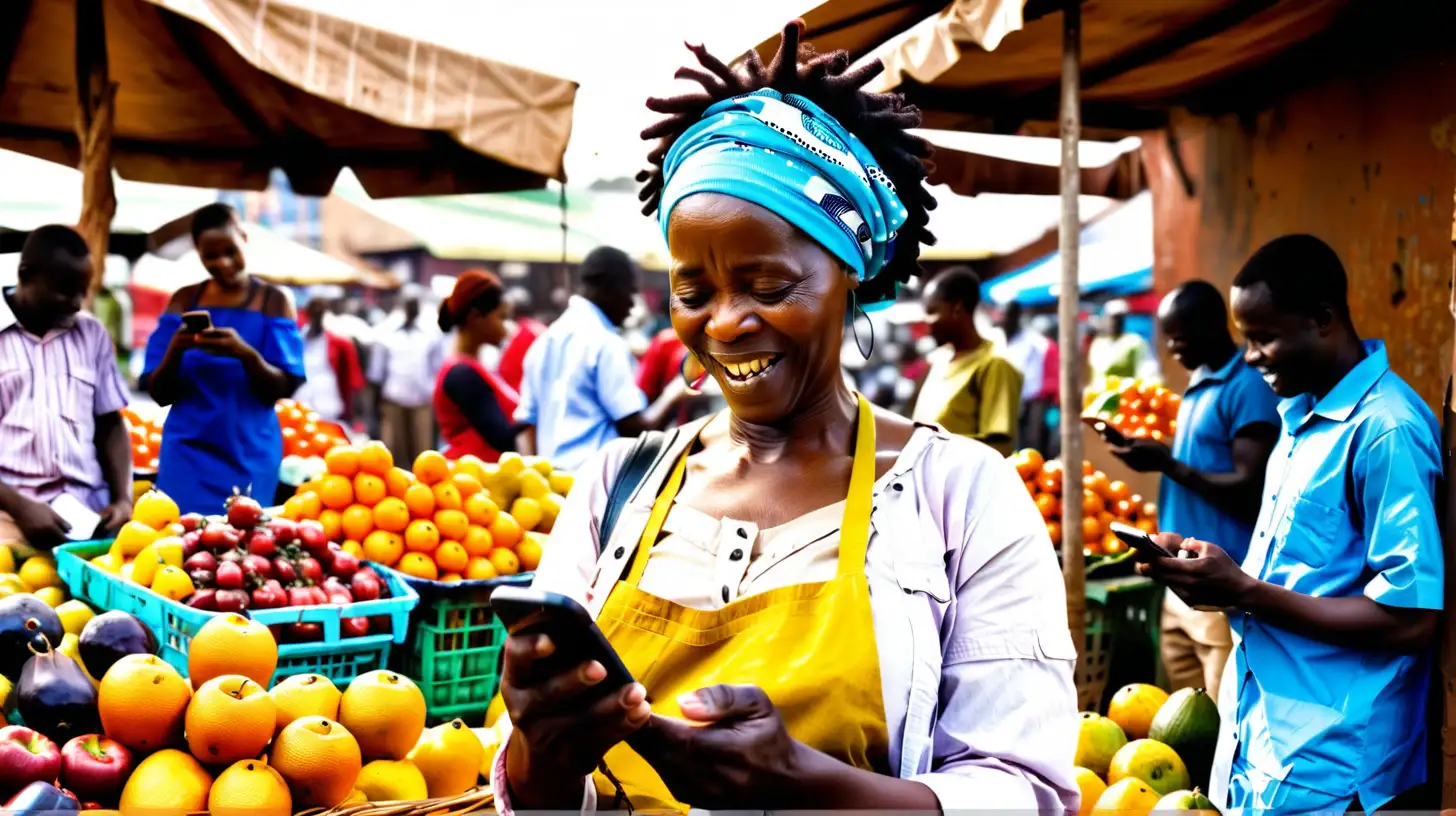 African Woman Fruit Vendor Engaged with Happy Customers in Market Scene