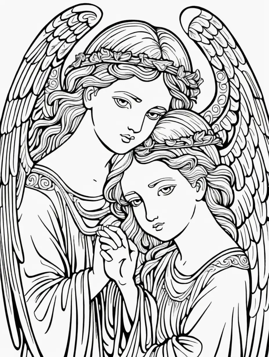 Angels coloring page for adults, black and white, thin lines, no shading, low details