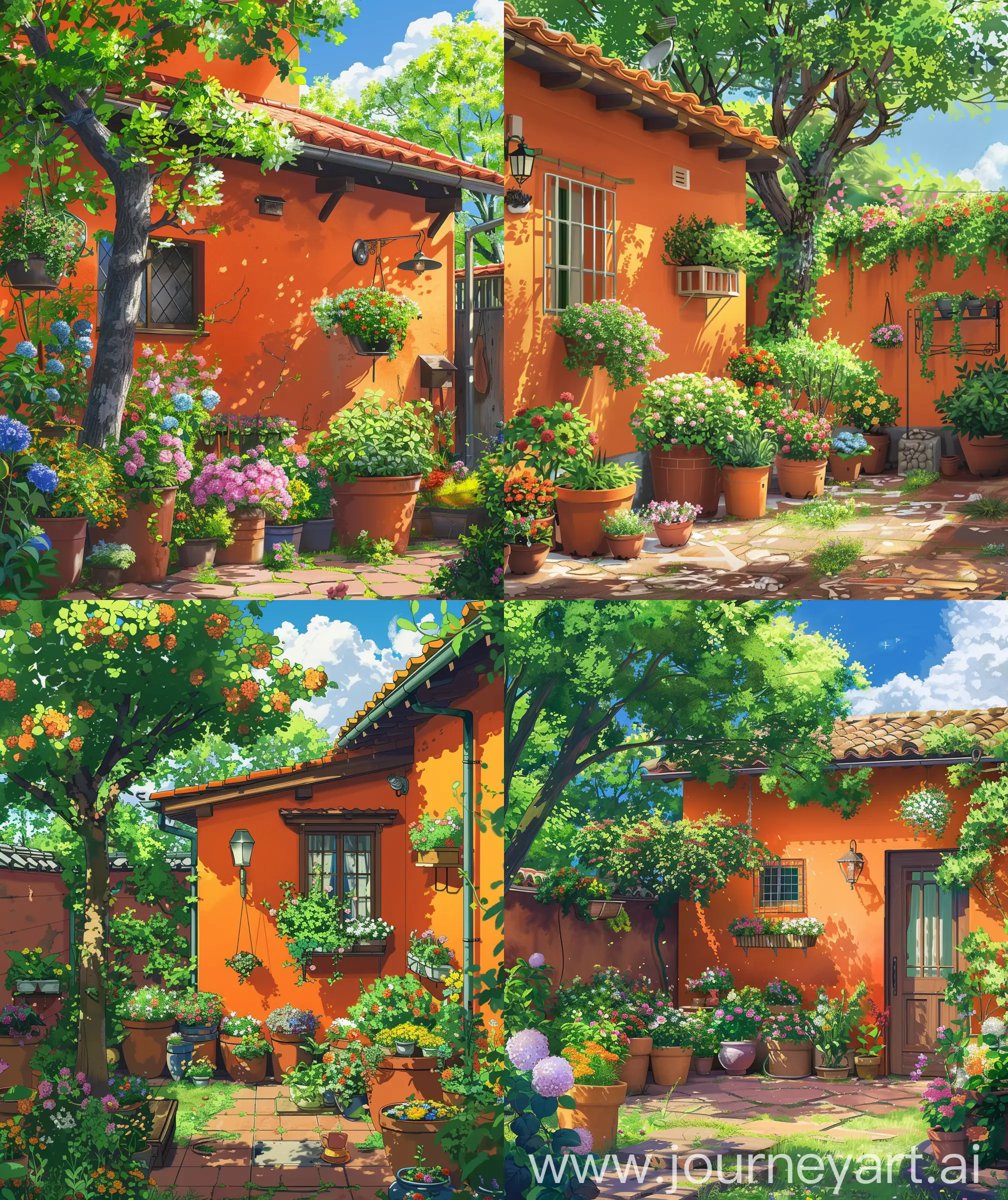Beautiful anime scenary, illustration, direct front facade view of small house, garden, tree, orange color house wall , day time, verious beautiful flower pot, house backside garden, hanging wall lamp, beautiful window, aesthetic and beautiful views, direct front facade view of house, ultra HD, high quality, no blurry, no hyperrealistic --ar 27:32
