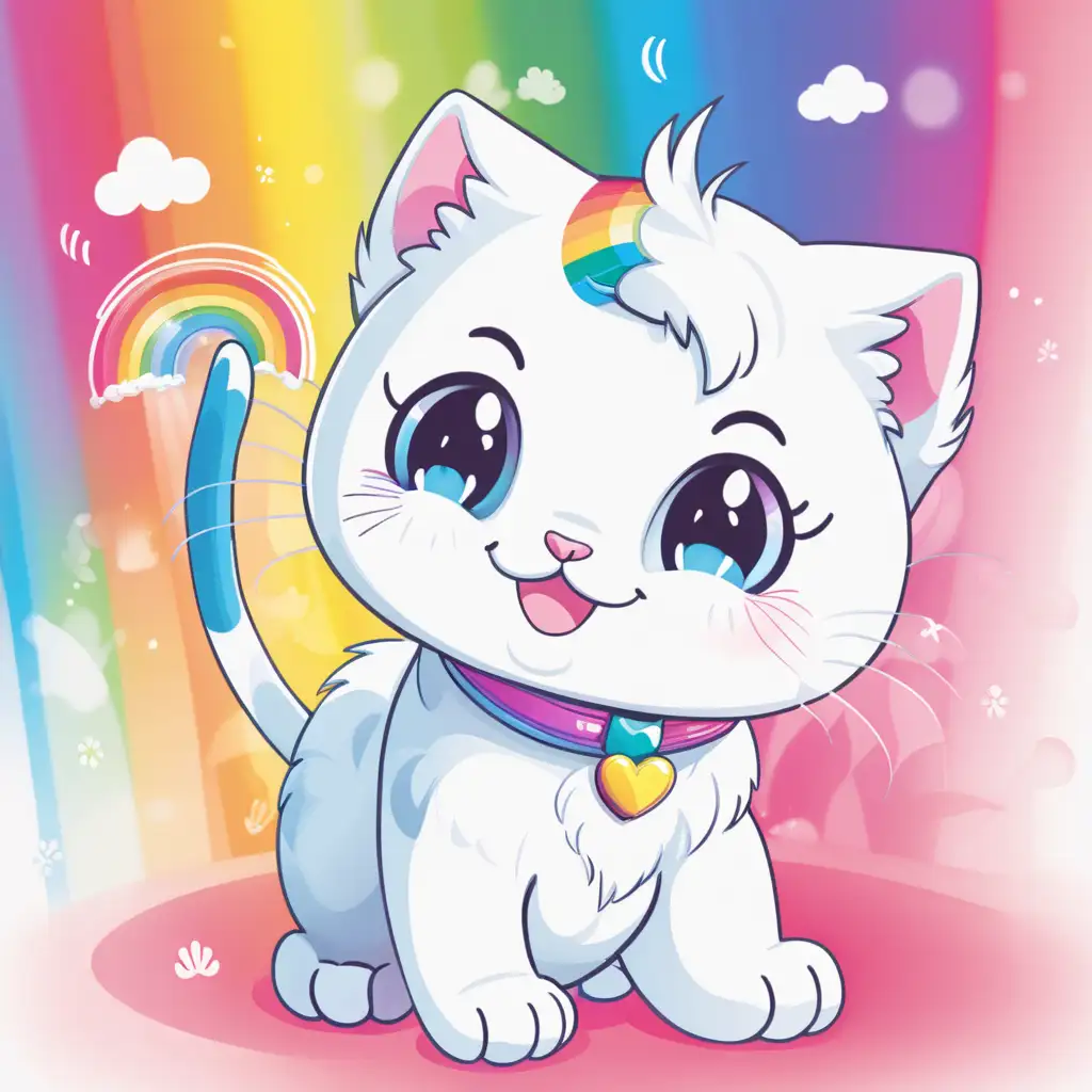 Colored page Cute playful white smiling kittie with and a rainbow colorful
