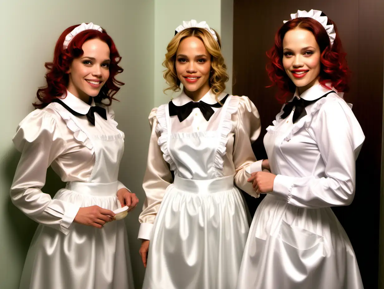 girls in long   crystal silk satin cream retro maid  gown with white apron and peter pan colar and long sleeves costume and milf mothers long blonde and red hair,black hair  full size  rachel macadams and jenifer lopez smile clean bathroom