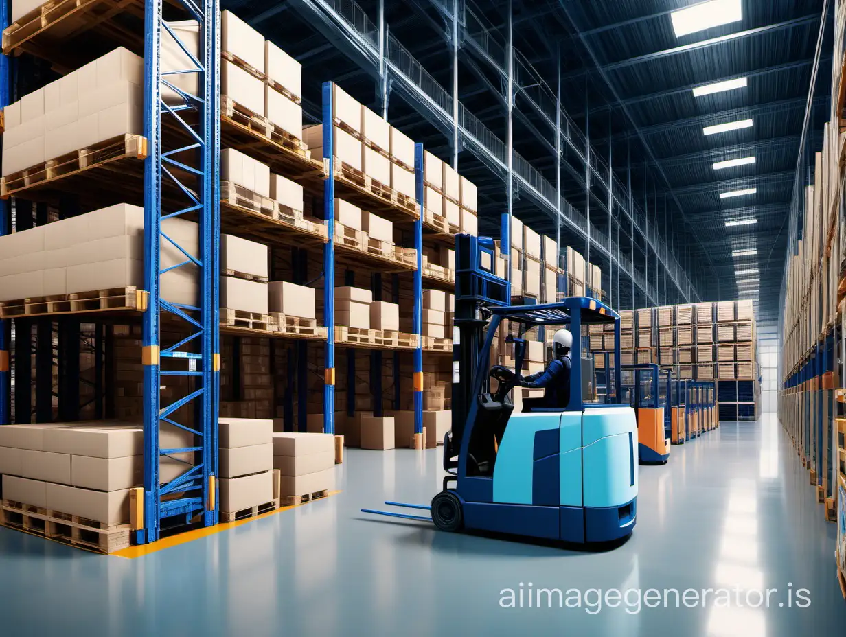 View of the warehouse of a futuristic manufacturing plant. Several rows of racks, with cells for Euro pallets, 6 tiers high. In the foreground, a forklift controlled by a robot is driving and carrying a pallet of goods. The robot looks like a person. Pallets on racks with goods, packed in film. On the lower tiers - partially unpacked. The picture is bright and optimistic. Light blue and dark blue racks, wooden pallets. Barcodes and other markings are clearly visible on the cells and boxes of goods. The view is slightly from the side so that the loader can be seen in 3/4