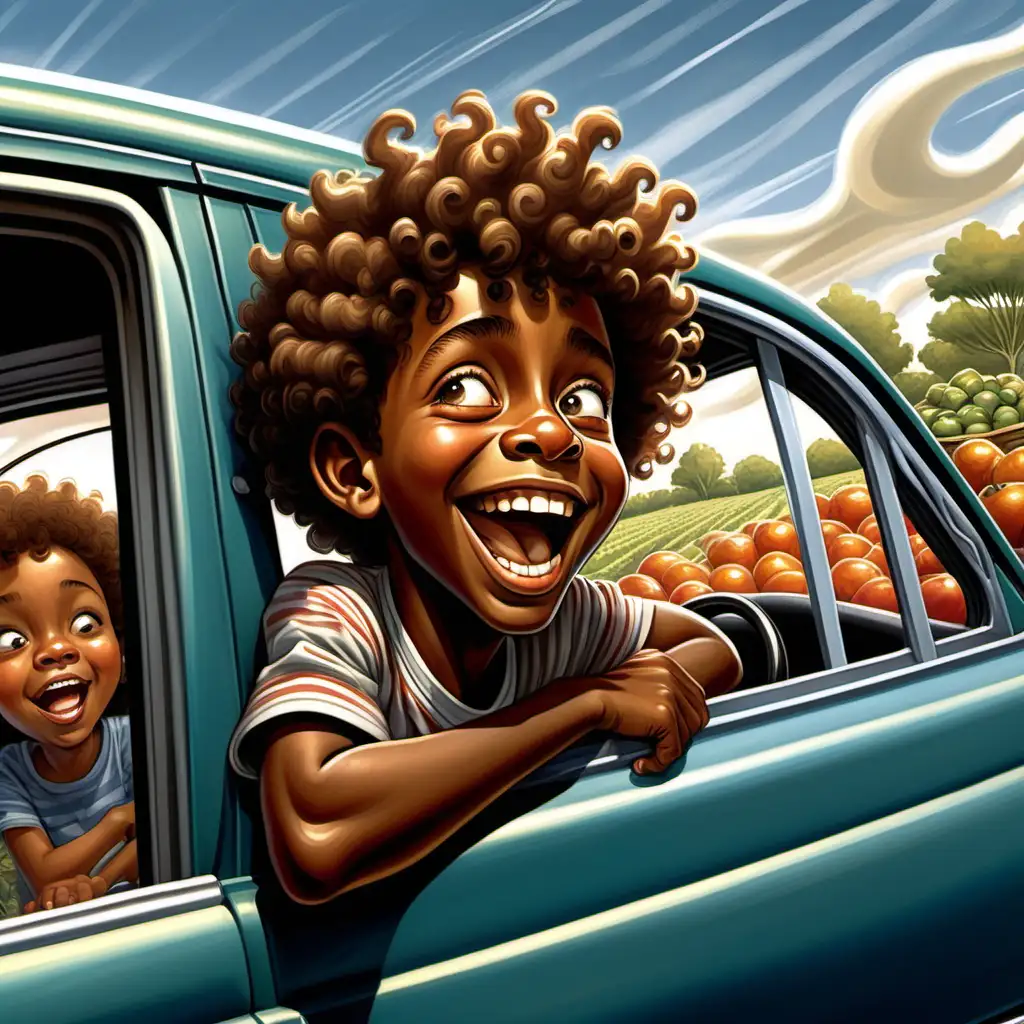 ernie barnes style cartoon african american 10 year old boy with curly hair looking out the car window excited on the way to the farmer's market