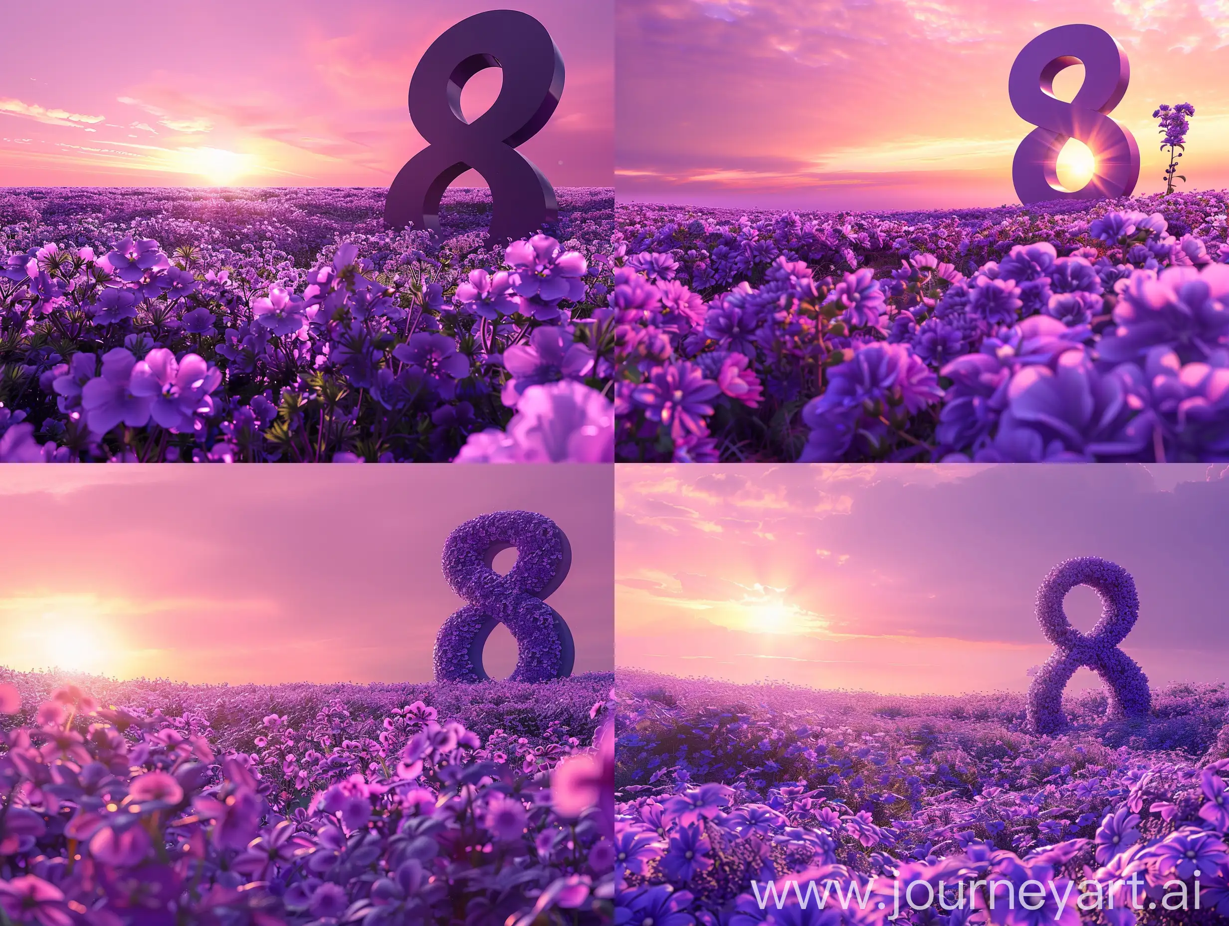 a field of violet flowers in the violet sunset with a big number 8 standing on the right surrounded by flowers