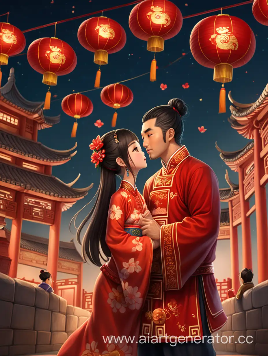 Создать рисунок, на котором изображён китайский новый год. На заднем фоне несколько небольших дворцов, небо ночное с фонарика. На переднем фоне, слева от центра находиться стена, на которую облакотилась девушка, одетая в традиционное праздничное платье. Рядом с ней стоит высокий красивый мужчина. Ещё чуть чуть и они поцелуются. 

