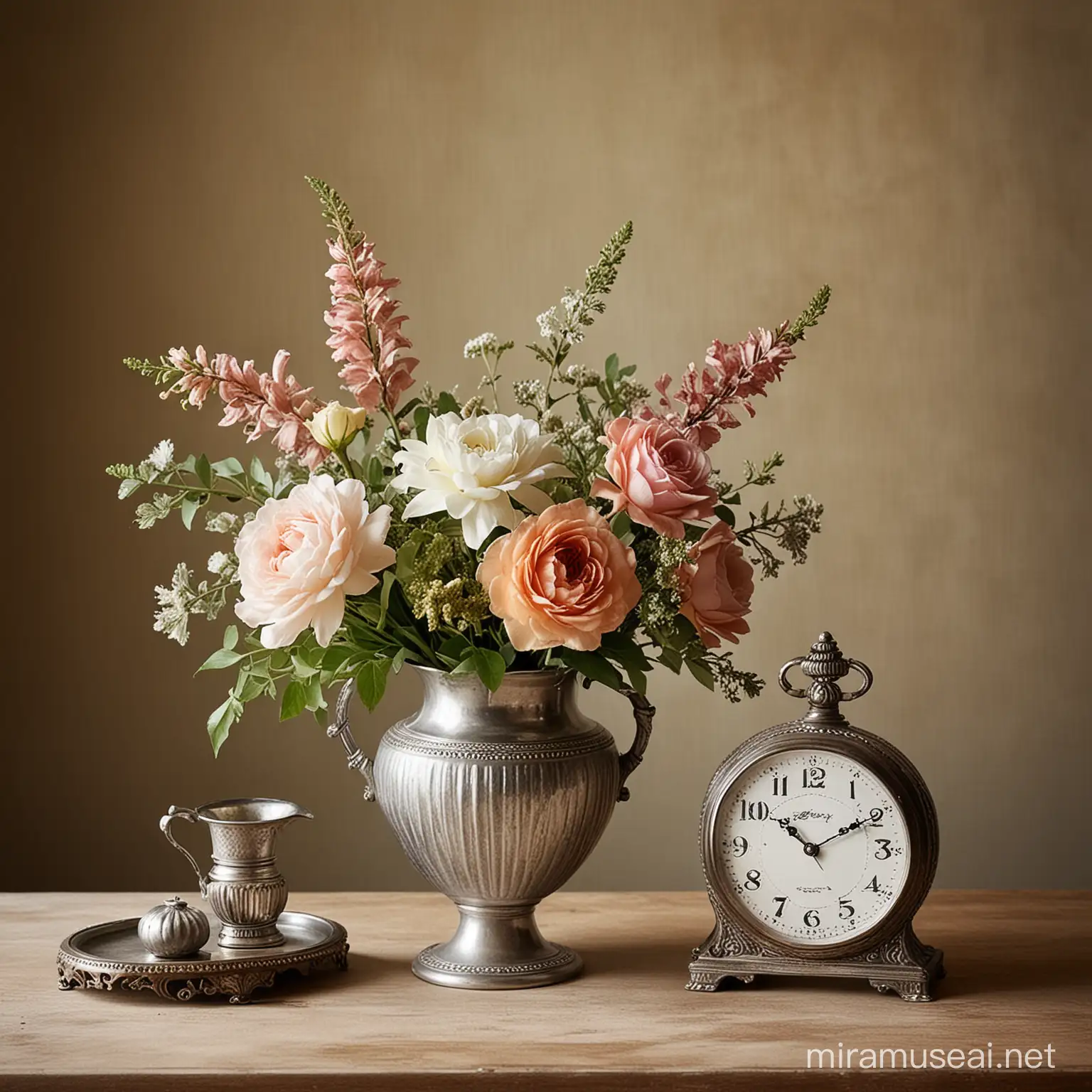 Compose a vintage-style still life with a silver vase as the centerpiece against antique backgrounds. Add classic elements like old-fashioned flowers or pocket watches for nostalgic charm. Use soft lighting to highlight textures and evoke a sense of history