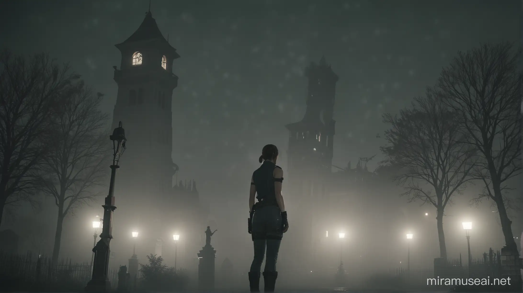 Cinematic Nighttime Bell Tower Vigil with Resident Evils Jill Valentine in Dense Fog