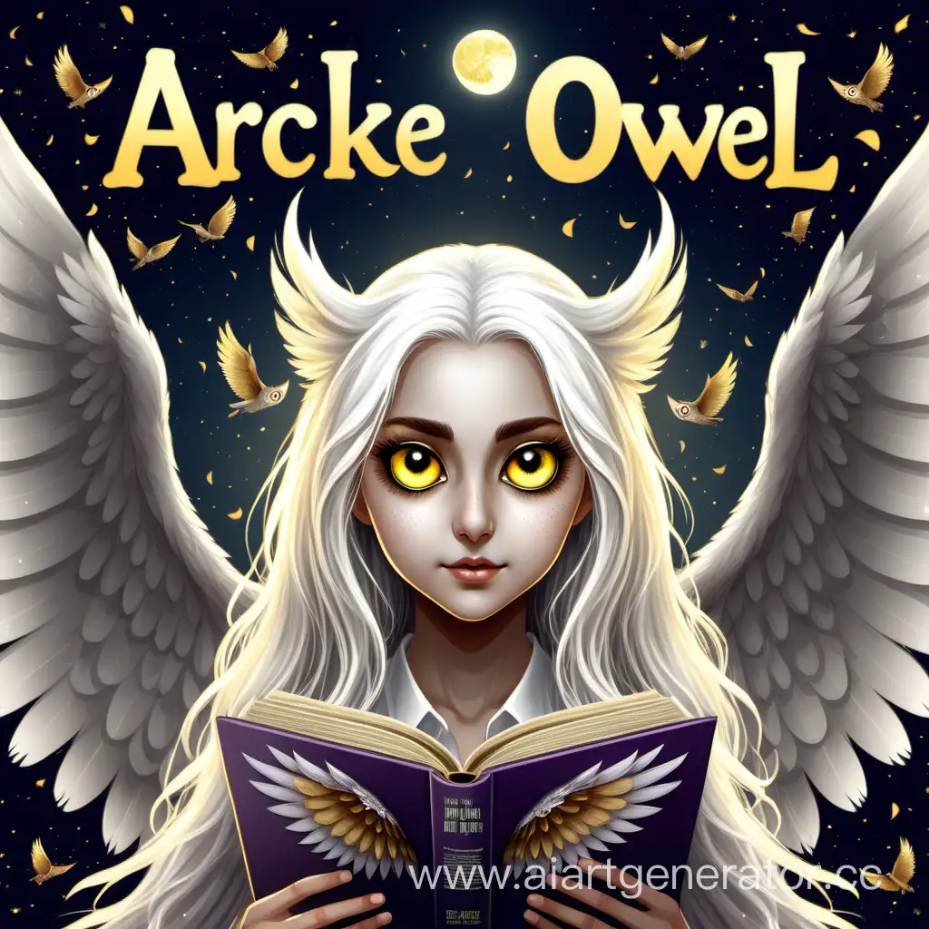 создайте обложку для книги, где девушка сова, с желтыми глазами, длинные белые волосы и большими крыльями