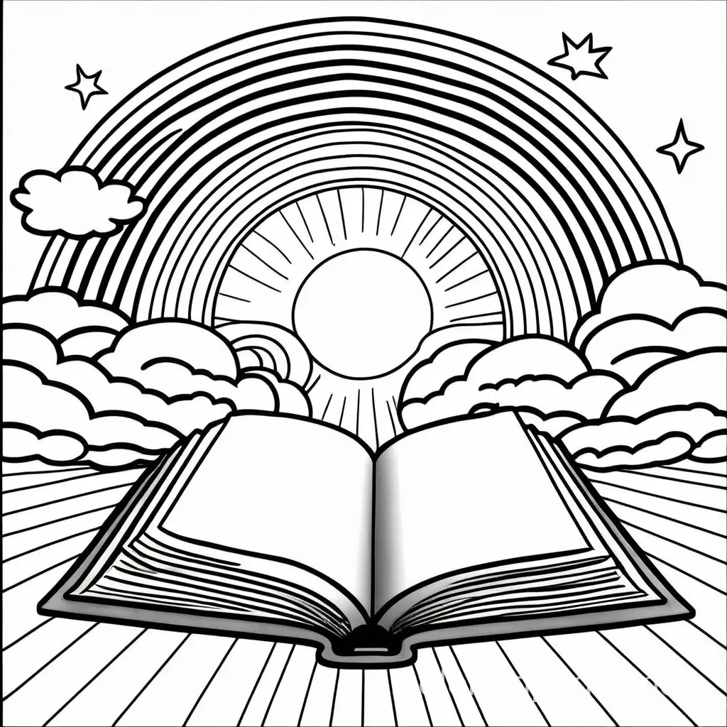 an open Bible with no words, a rainbow, clouds and sun in the background, Coloring Page, black and white, line art, white background, Simplicity, Ample White Space. The background of the coloring page is plain white to make it easy for young children to color within the lines. The outlines of all the subjects are easy to distinguish, making it simple for kids to color without too much difficulty