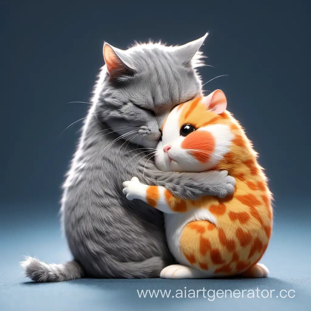 Adorable-Grey-Cat-Embracing-Ginger-Hamster-in-Heartwarming-Cuddle