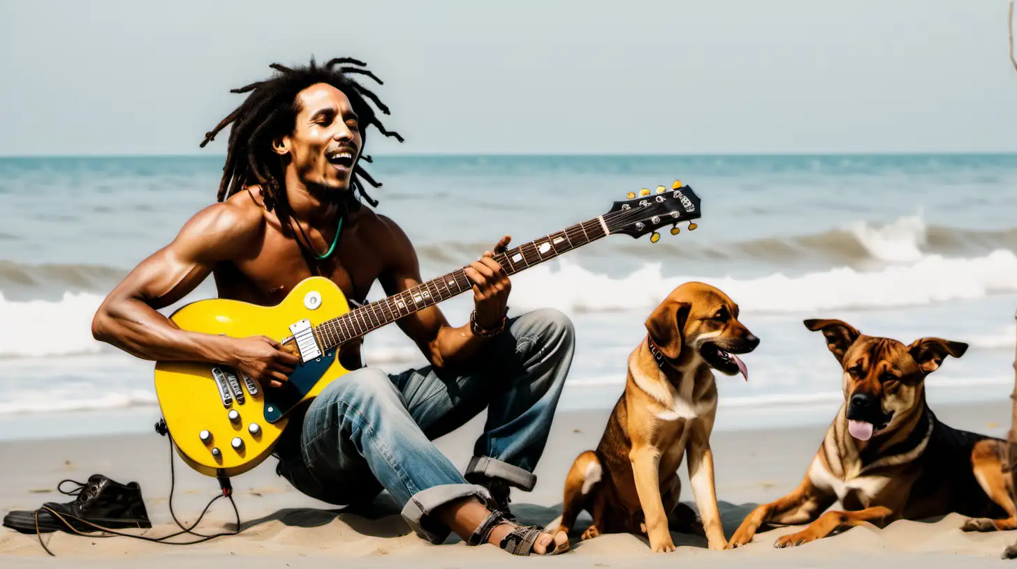 Bob Marley Style Beach Serenade with Electric Guitar and Playful Dogs