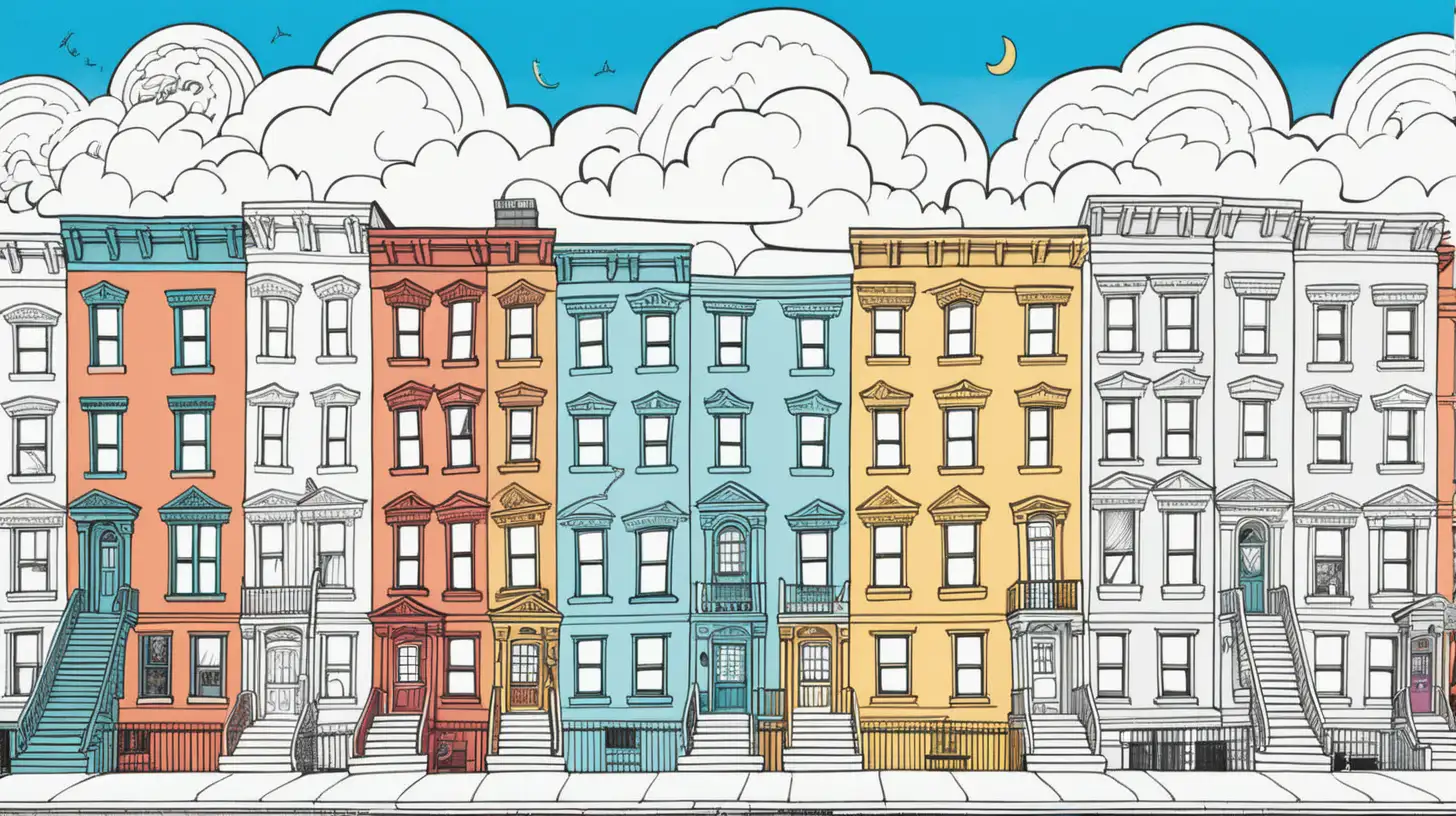 illustrated cover for a coloring book, classic Urban new York street lined with townhouses aligned horizontally, each eccentrically and creatively colored, empty street so you can see the detail of the sidewalk, Some houses are colored in perfectly while others are half colored in, inviting readers to fill in the blanks with their imagination. Above, a playful sky stretches with a sunrise and some clouds, image serves as the perfect wrap for a book capturing the essence of creativity and whimsy that awaits within its pages, clean lines for makes sharp details.
