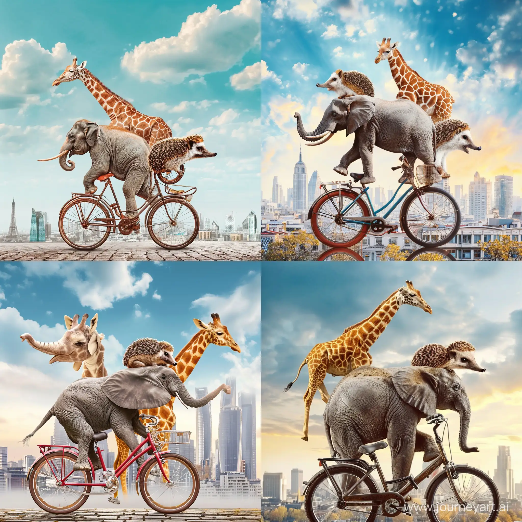 Whimsical-Cityscape-Elephant-Giraffe-and-Hedgehog-on-a-Bicycle