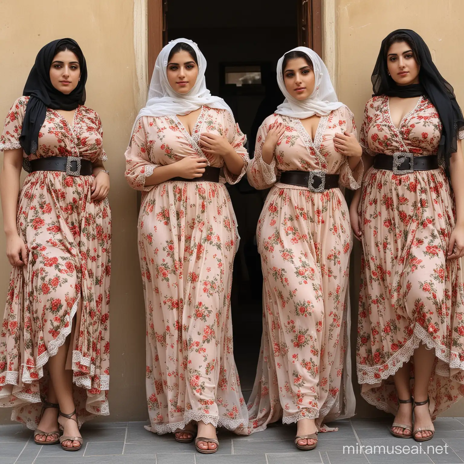 Iranian Women in Flowery Dresses with Waist Belts and Sandals
