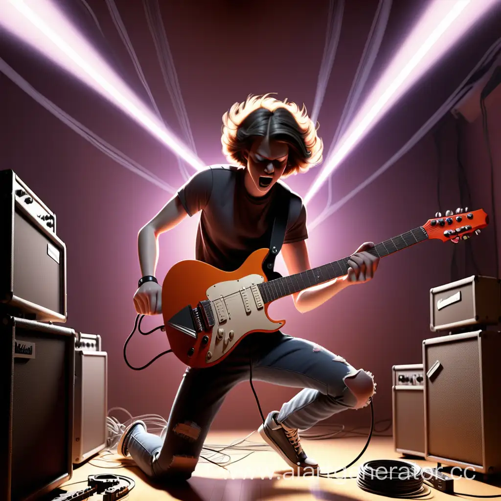 Electric-Guitarist-Performing-Amidst-Musical-Equipment-and-Lighting-Gear