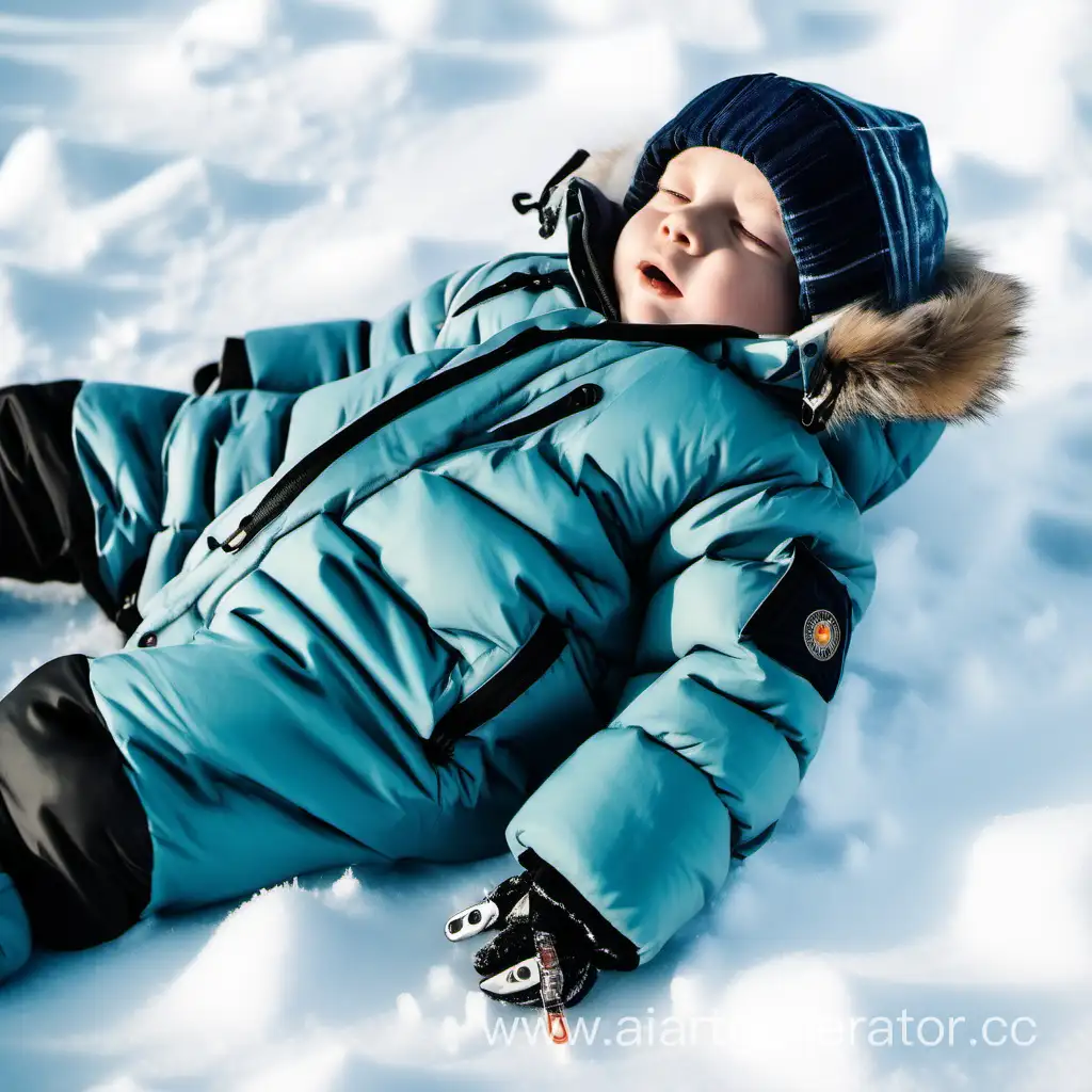 Мальчик в зимней куртке лежит на снегу с пробитым животом. Вид сбоку.