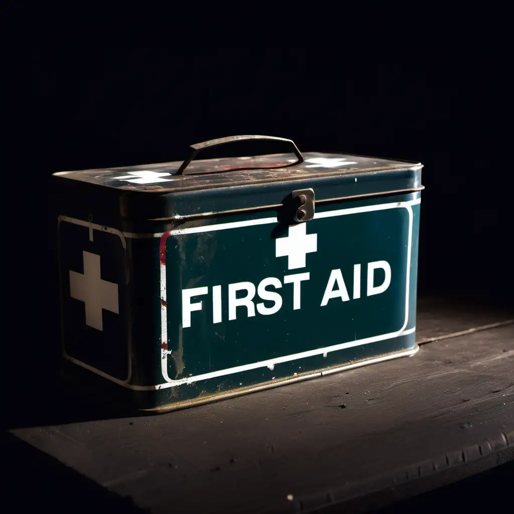 old first aid tin box on desk in the dark at night