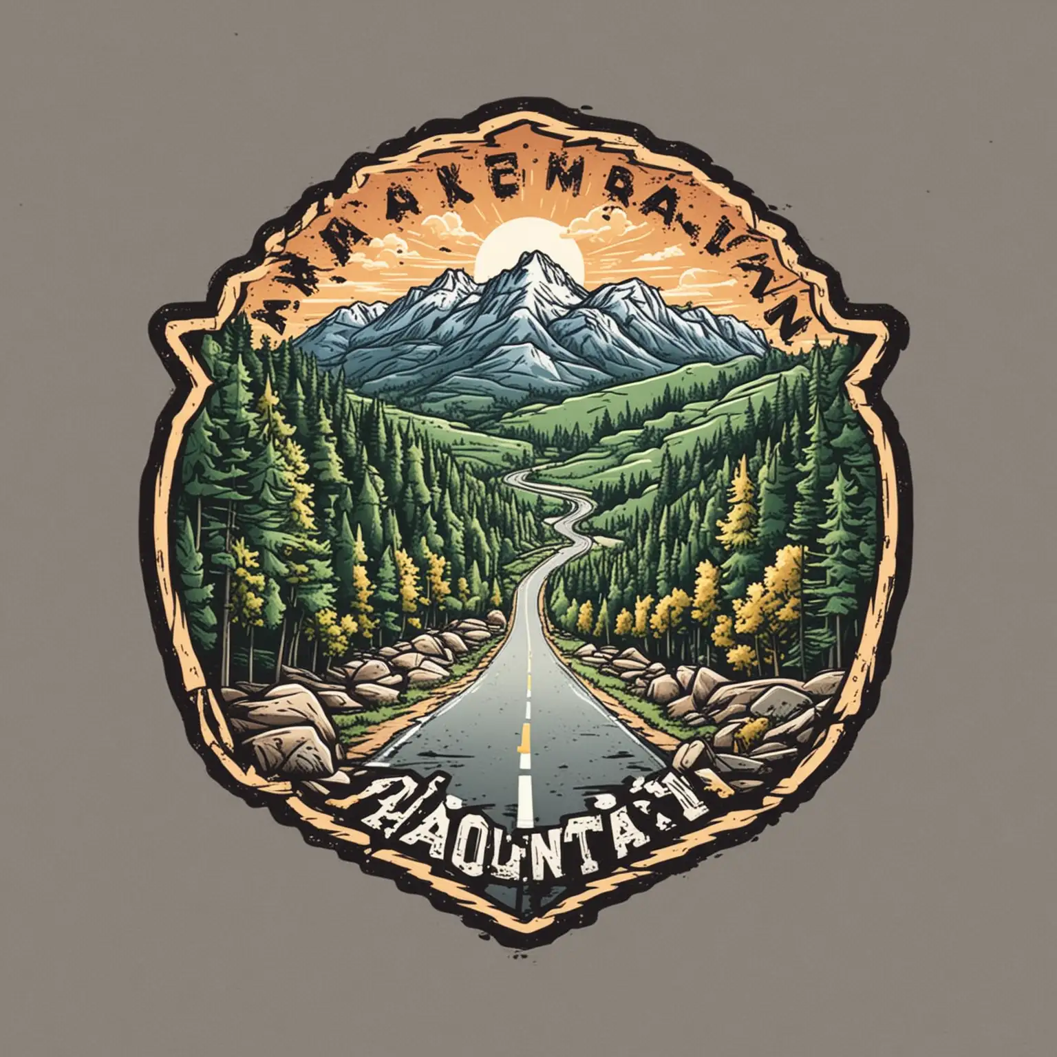 Badge Style T-shirt Design for "MEET UP IN THE MOUNTAINS" With Appalachian Mountains in the background that comes down to a asphalt road. Cartoon Style Vector Clean Lines Spot Color