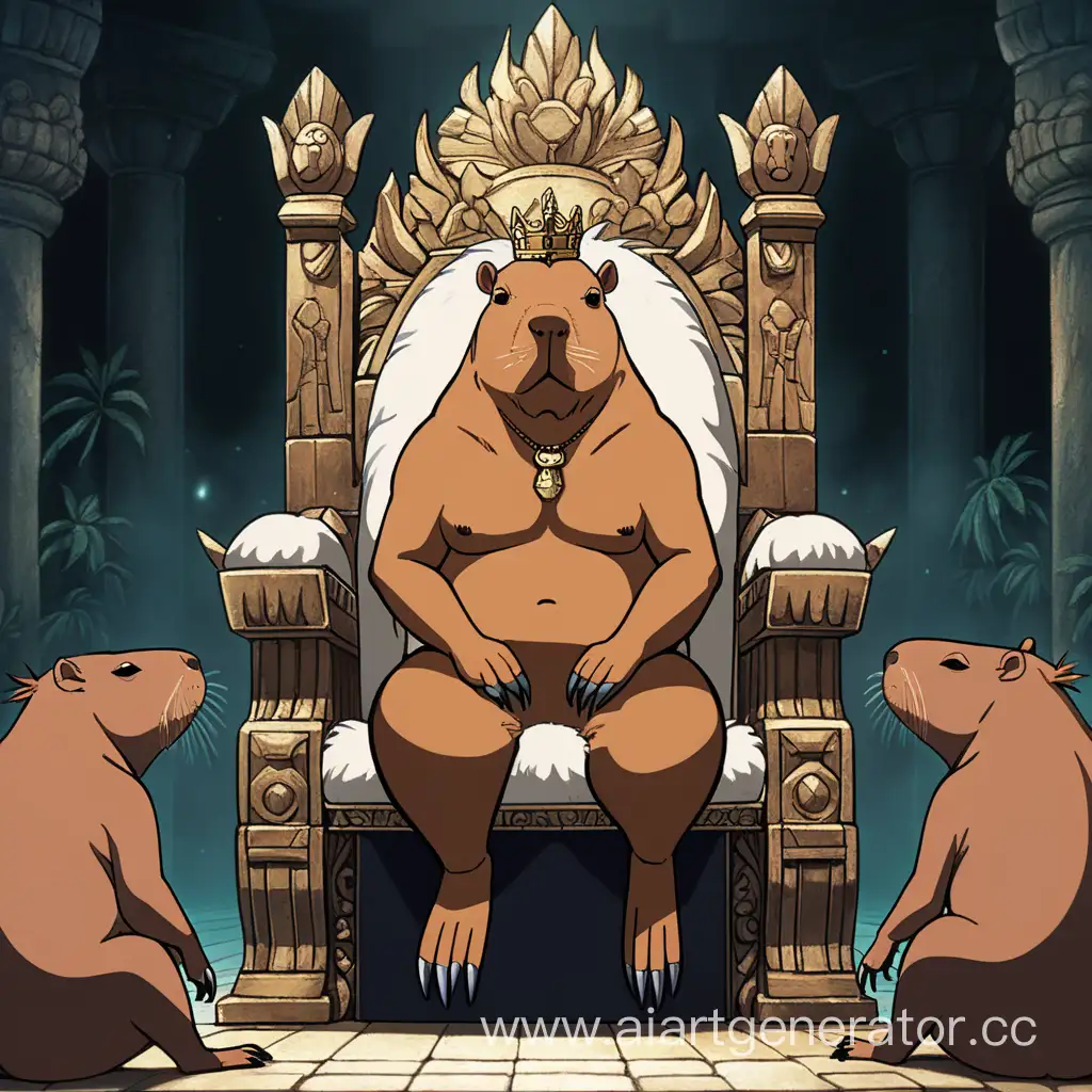 Капибара бог сидит на троне вокруг трона много капибар рабов  темная атмосфера стиль аниме 90-ых годов старое аниме 