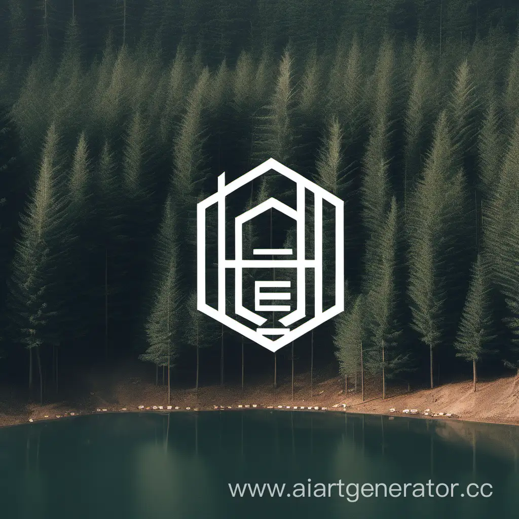 Minimalist-Hotel-Logo-on-Reservoir-Shore-Amidst-Fir-Trees