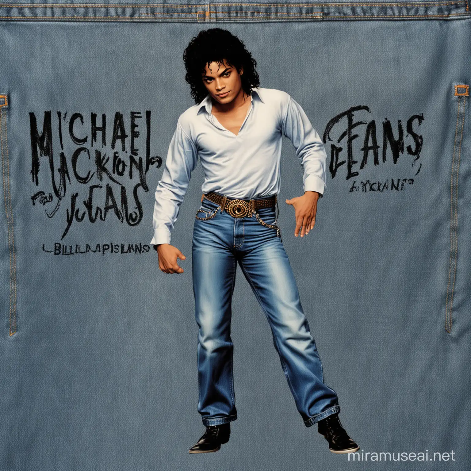 Logo Michael Jackson in blue jeans with text 'Billy Jeans'