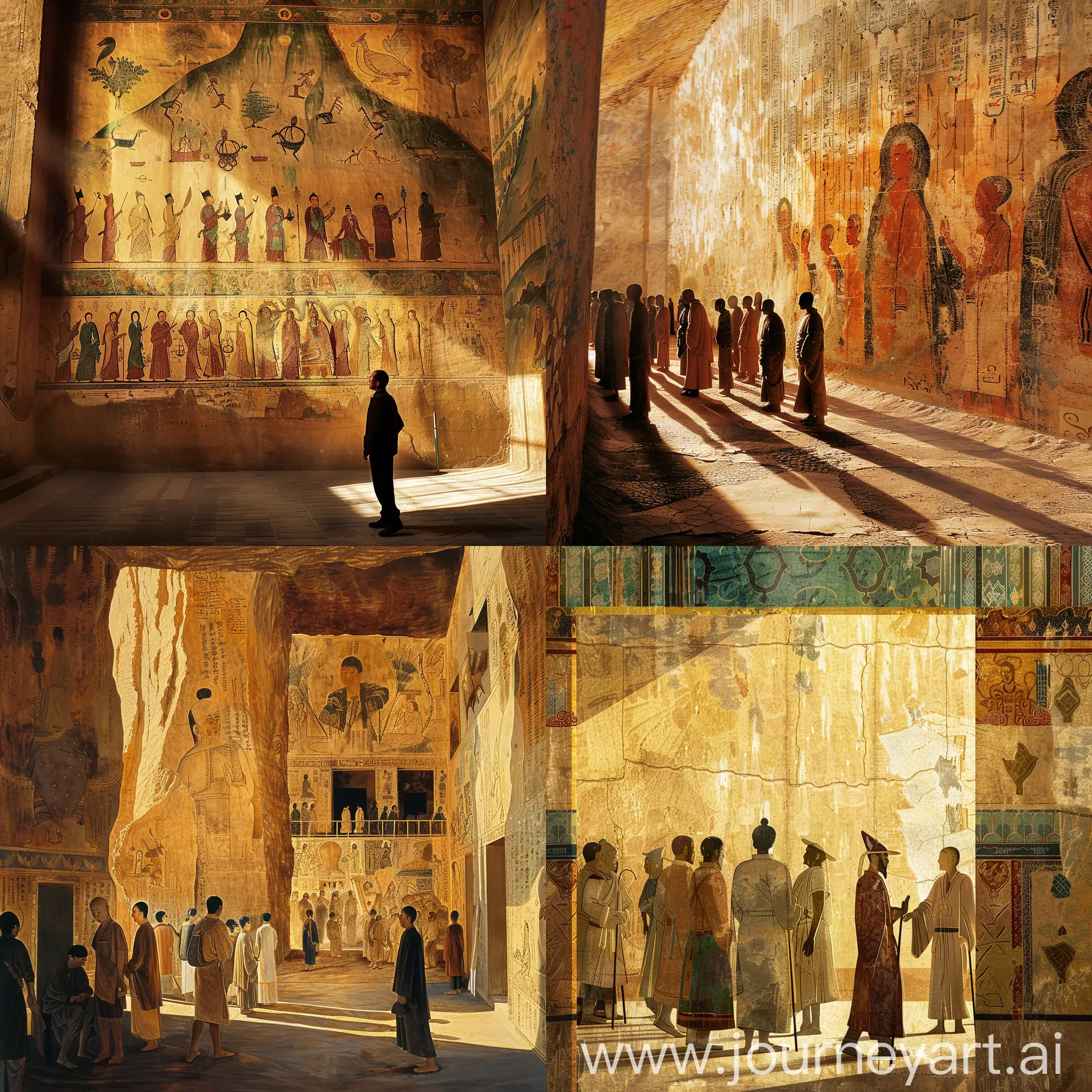 Dunhuang Mogao Grottoes ，Buddhist stories ，Historical legends ，Daily life scenes ，Golden light and shadows ，Decorative lines ，Mural details ，ncient costumes ，Ink rendering ， Cultural heritage