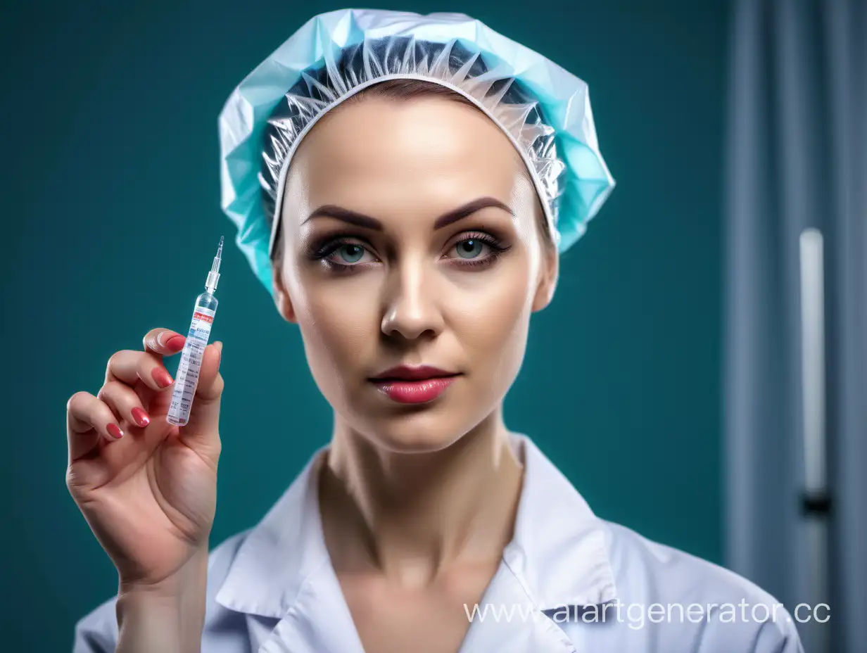 Cosmetologist with a small syringe in her hand, 35-year-old woman, with a realistic face, beautiful, in a medical cap, realism, photo, against the background of a medical office