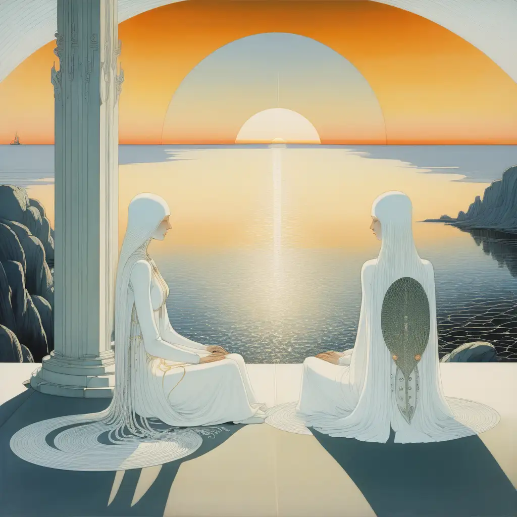 futuristic painting in kay nielsen style of two women and a man in white clothings sitting by an ocean watching sunset