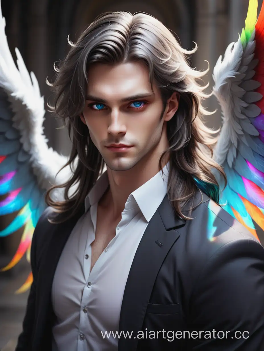 Красивый парень с серыми глазами слегка длинными волосами. За спиной разноцветные крылья демона и ангела 