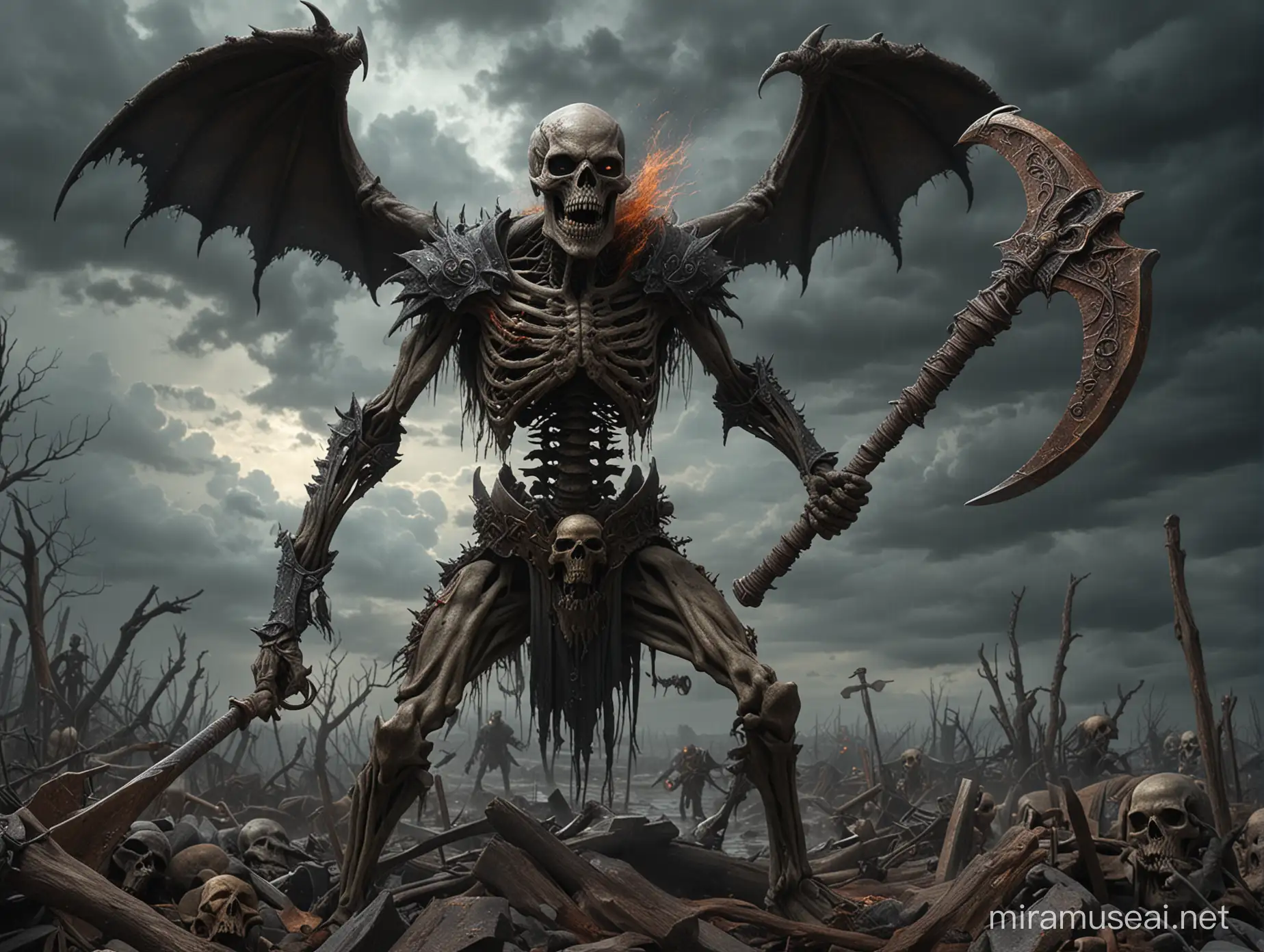 Abomination of Desolation , fantasy art, digital painting, a skeletal horrifying terrifying creature, extreme detail, holding a double blade battle axe, hyperrealism, beautiful, ominous apocalyptic storm brewing, serene, mysterious, ominous, vibrant colors, photorealistic, colorful, gustave dore, surrealism, unreal engine, deviantart