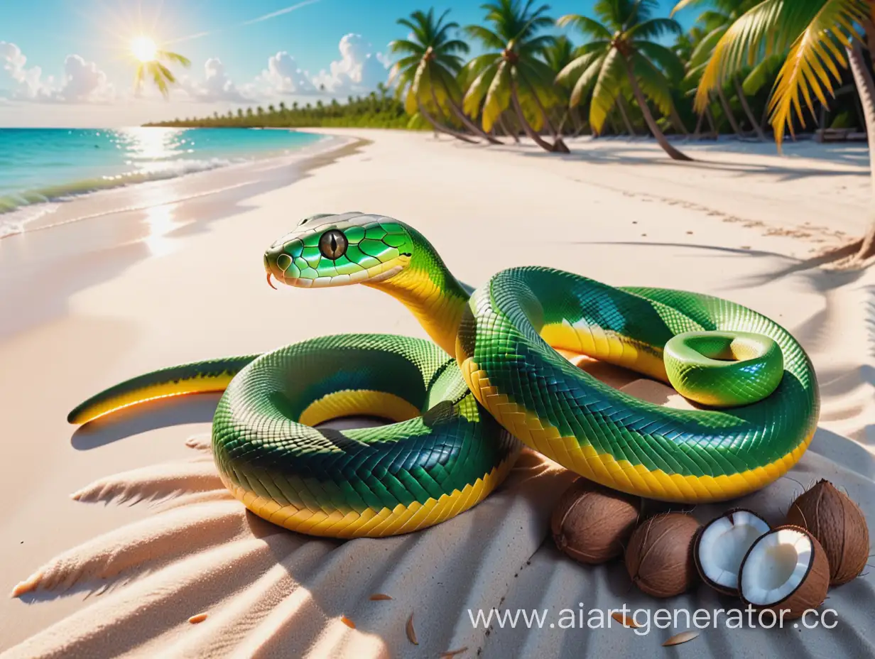 Vibrant-Snake-Basking-in-Sunlight-amidst-Coconuts-and-Palm-Trees