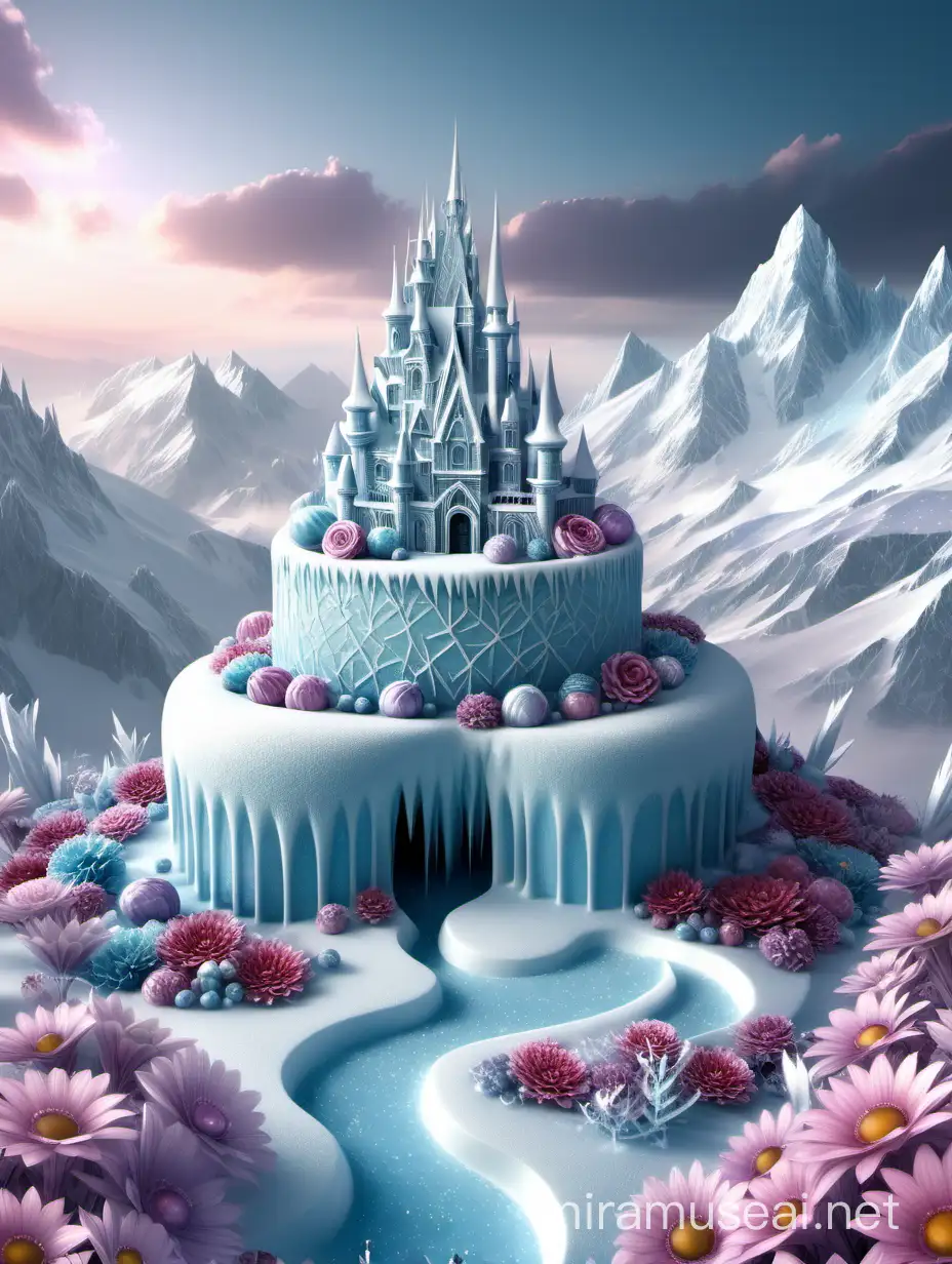 i need image of a frozen wonderland 
using sobert ice cream on the mountaintops
with flowers and fairy land fantasy look
