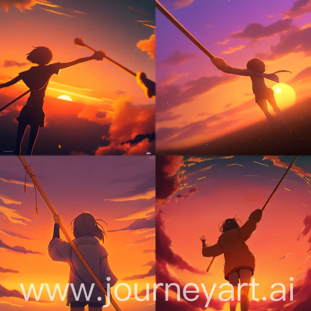 Orange jacket, sunset, back, anime girl, A hand reaches for space, her other hand hovers over the camera pole, soft warm tones, in the style of animation, concept art, artstation