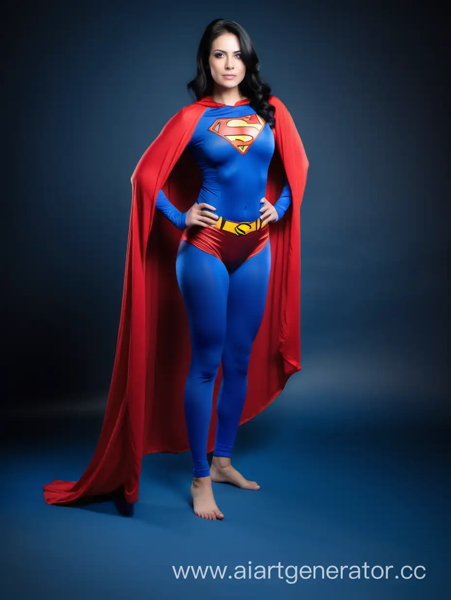 A pretty woman with black hair, age 26, she is confident and strong. She is wearing a Superman costume with (blue leggings), (long blue sleeves), red briefs, and a long flowing cape. She is posed like a superhero, strong and powerful. Bright photo studio.